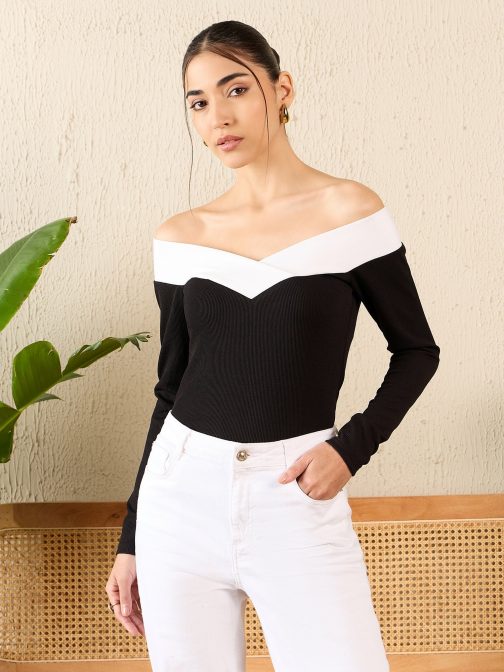 Little Wish - Colorblock Off Shoulder Full Sleeve Top ? Trendy Contrast Panel Top