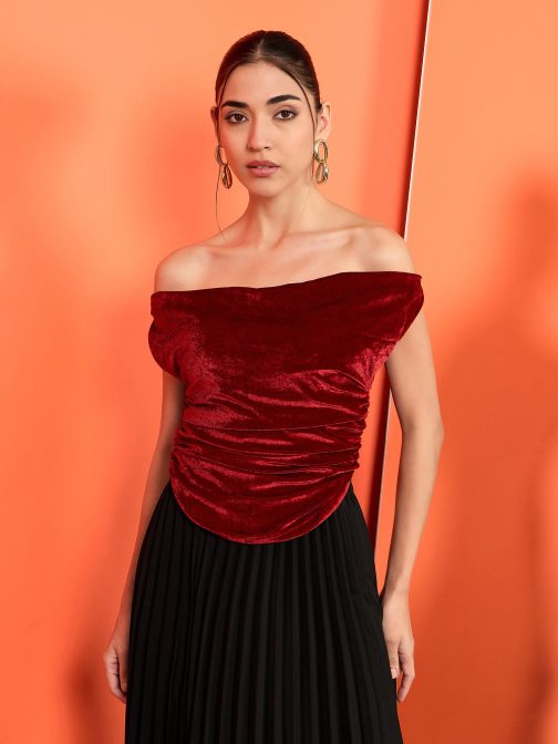Little Wish - Velvet Stretchable Draped Crop Top ? Elegant Soft Bodycon Partywear Top