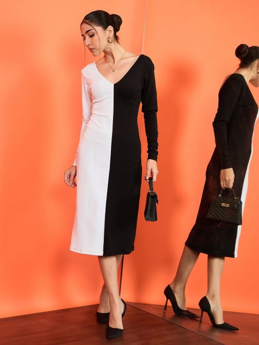Little Wish - Ribbed Dual-Tone Bodycon Dress ? Full Sleeve Stylish Fit