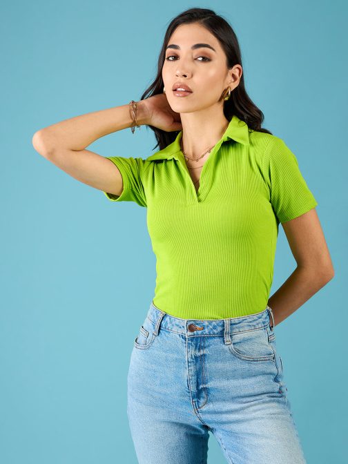 Little Wish - Ribbed Polo Bodysuit ? Sleek High-Neck Slim Fit Stretchable Bodysuit