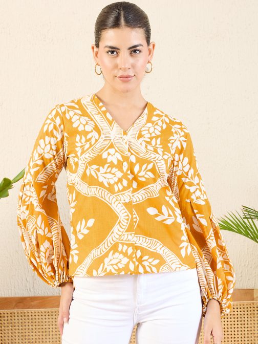 Little Wish - Printed Cotton Shirt with Balloon Sleeves ? Vintage Puffy Sleeve Printed Shirt