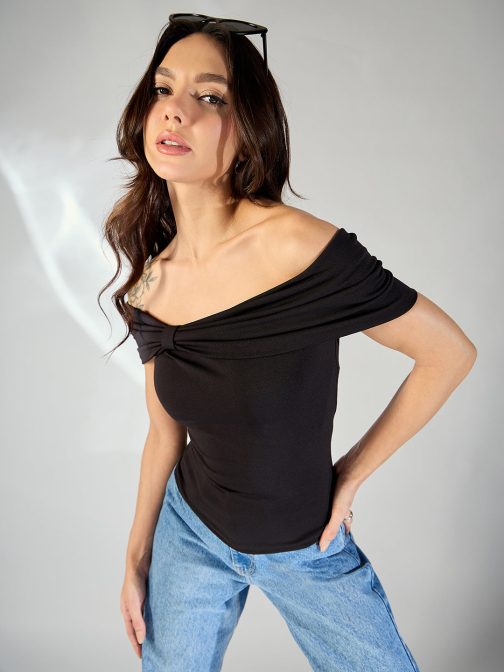 Little Wish - Bow Bardot Top ? Off-Shoulder Wrap Crop Top with Tie Bow Detail