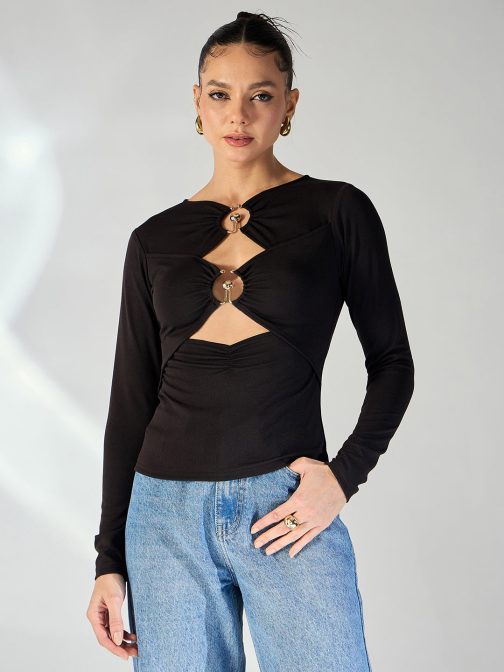 Little Wish - Black and Golden Toned Cut-Out Top ? Elegant Metallic Detail Evening Top