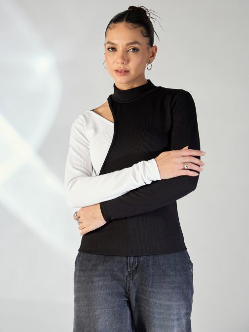 Little Wish - Dual Tone Cutout Top ? Trendy Colorblock Cut-Out Crop Blouse