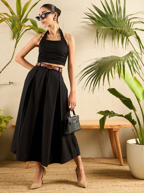 Little Wish - Cotton Poplin Box Pleated Midi Skirt ? High Waist Flowy A-Line Skirt