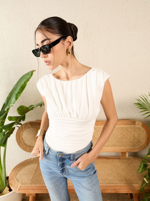 Little Wish - Backless Gather Detailed Boat Neck Top ? Flowy Open Back Ruched Top