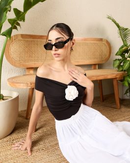 Little Wish - Off-Shoulder Rose Top ? Romantic Floral Bardot Neck Crop Top