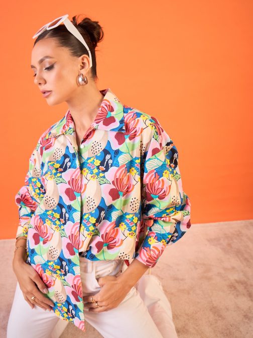 Little Wish - Printed Asymmetrical Cotton Shirt ? Edgy & Unique Hemline