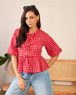 Little Wish - Printed Cotton Tie-Up Peplum Top ? Flowy Boho Chic Summer Blouse
