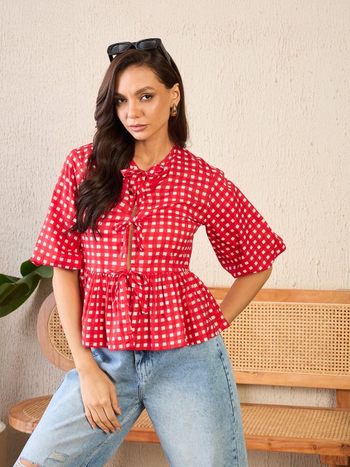 Little Wish - Printed Cotton Tie-Up Peplum Top ? Flowy Boho Chic Summer Blouse