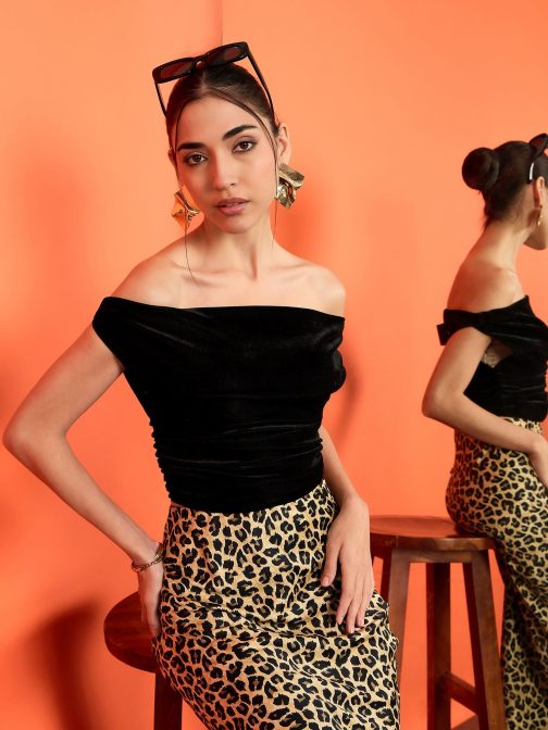 Little Wish - Velvet Stretchable Draped Crop Top ? Luxe Soft Touch Fitted Party Top