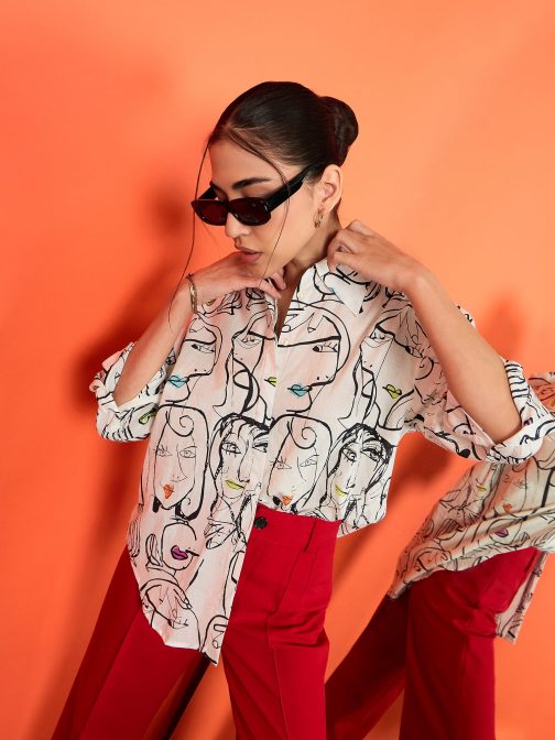 Little Wish - Printed Asymmetrical Cotton Shirt ? Stylish High-Low Patterned Button-Up Shirt