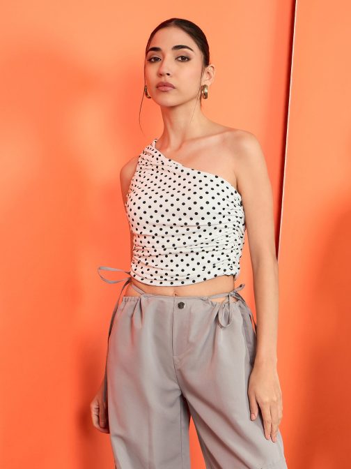 Little Wish - Printed Stretchable One Shoulder Top with Gathered Sides ? Trendy Asymmetrical Ruched Crop Blouse
