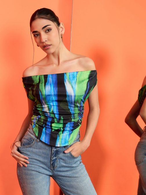 Little Wish - Printed Cotton Stretchable Draped Crop Top ? Vibrant Ruched Summer Crop Blouse