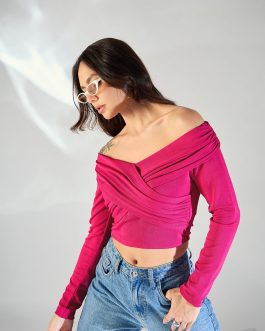 Little Wish - Wrap Style Bardot Top ? Trendy Off-Shoulder Wrap Front Crop Top
