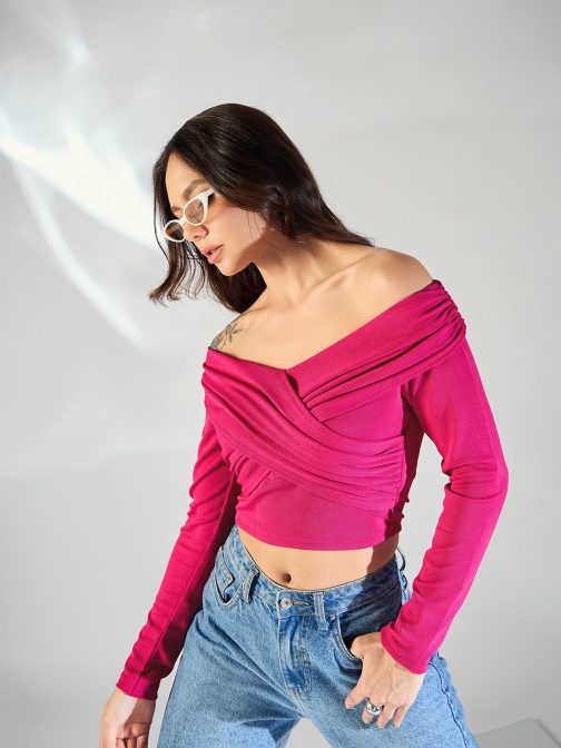 Little Wish - Wrap Style Bardot Top ? Trendy Off-Shoulder Wrap Front Crop Top