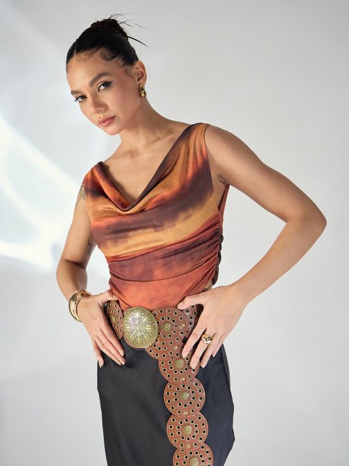 Little Wish - Printed Cotton Stretchable Draped Crop Top ? Soft Ruched Tie-Up Crop Blouse