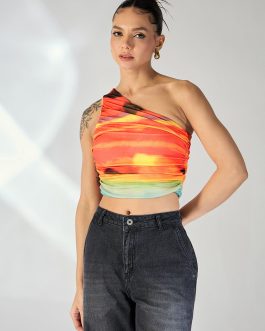 Little Wish - Printed Stretchable One Shoulder Top with Gathered Sides ? Vibrant Bodycon Blouse