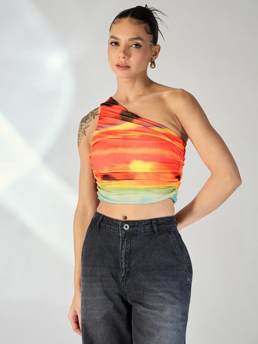 Little Wish - Printed Stretchable One Shoulder Top with Gathered Sides ? Vibrant Bodycon Blouse