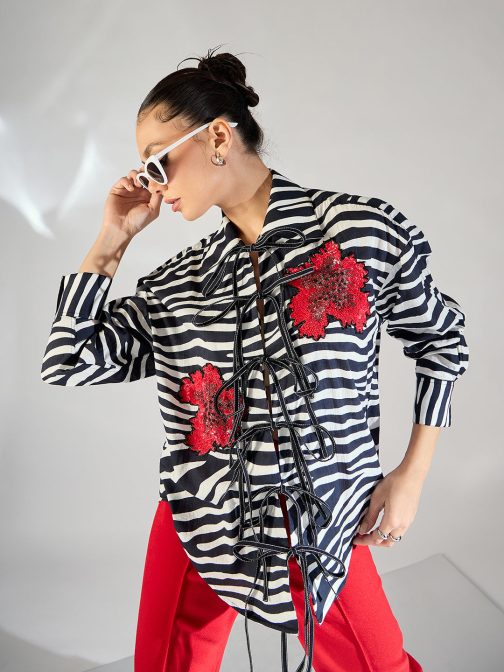 Little Wish - Printed Tie-Up Full Sleeve Sequinned Cotton Shirt ? Elegant Festive Glitter Cotton Blouse
