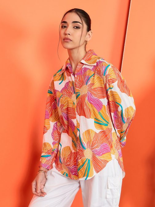 Little Wish - Printed Asymmetrical Cotton Shirt ? Stylish Abstract Print High-Low Cotton Shirt