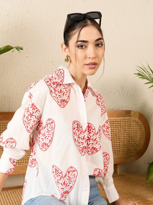 Little Wish - Printed Asymmetrical Cotton Shirt ? Modern High-Low Printed Button-Up Shirt