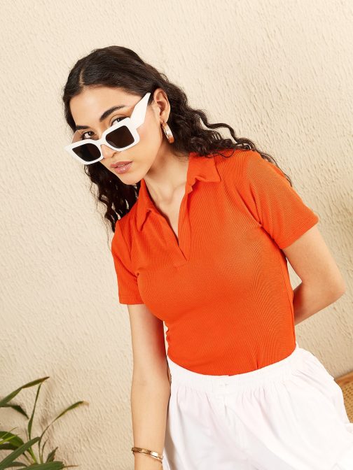 Little Wish - Ribbed Polo Bodysuit ? Chic High Neck Ribbed One-Piece Bodysuit