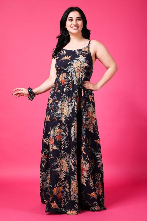 Little Wish - Navy Blue Floral Printed Maxi Dress ? Flowy Beachwear Summer Dress