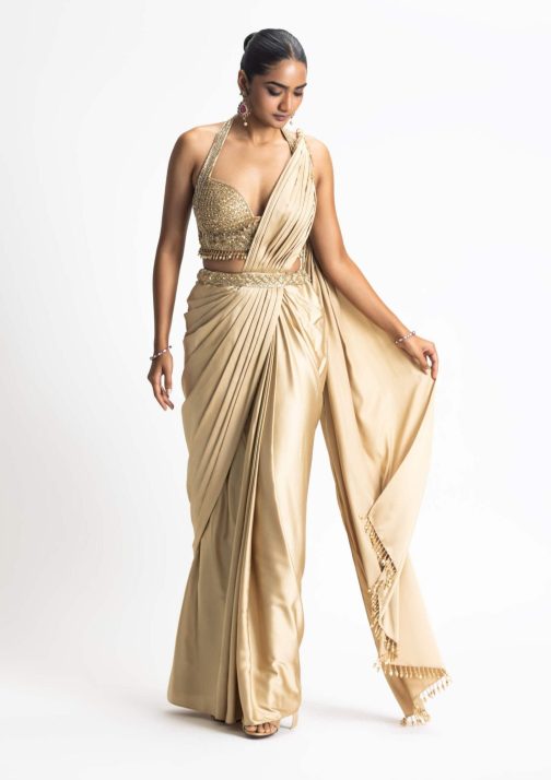 Little Wish - Gold Satin Draped Saree Set with Luxurious Blouse Accents
