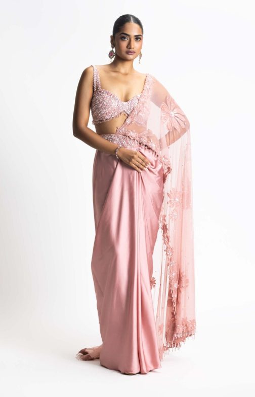 Little Wish - Rose Pink Draped Saree Set with a Beautifully Designed Blouse