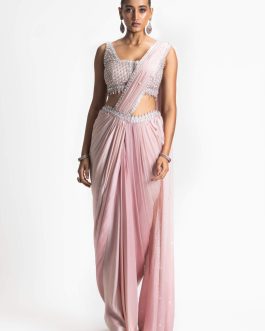 Little Wish - Blush Pink Ombre Draped Saree Set with Graceful Blouse Detailing