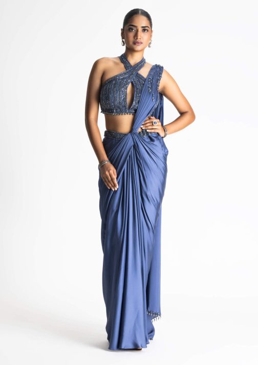 Little Wish - Stone Blue Draped Saree Set with Stylishly Coordinated Blouse