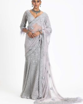Little Wish - Silver Grey Skirt Sari Set with Exquisite Detailing and a Beautifully Styled Blouse