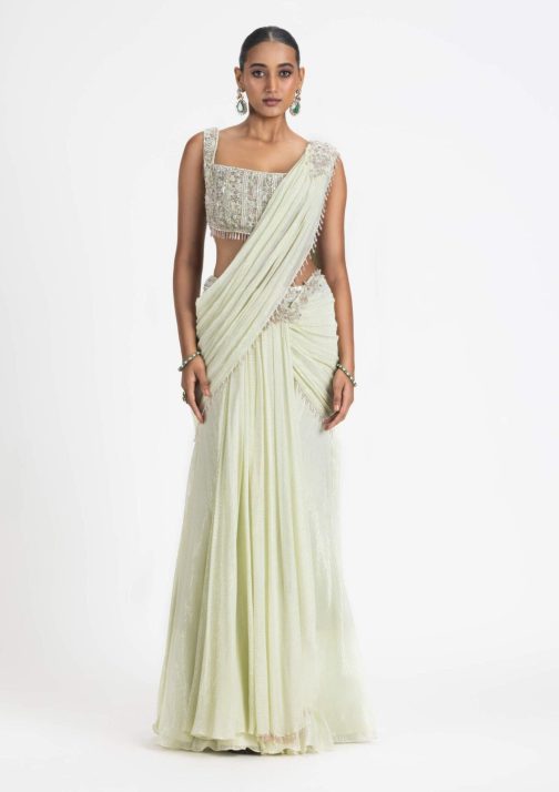 Little Wish - Lime Georgette Draped Saree Set with Elegant Blouse Detailing