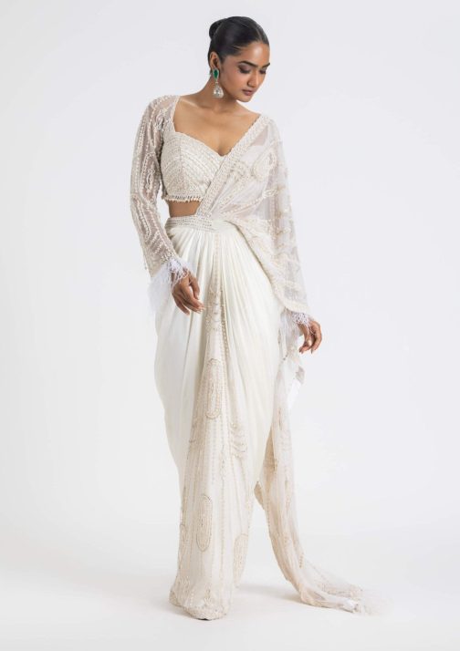 Little Wish - Ivory Satin Pre-Draped Saree Set with Sophisticated Blouse Accents