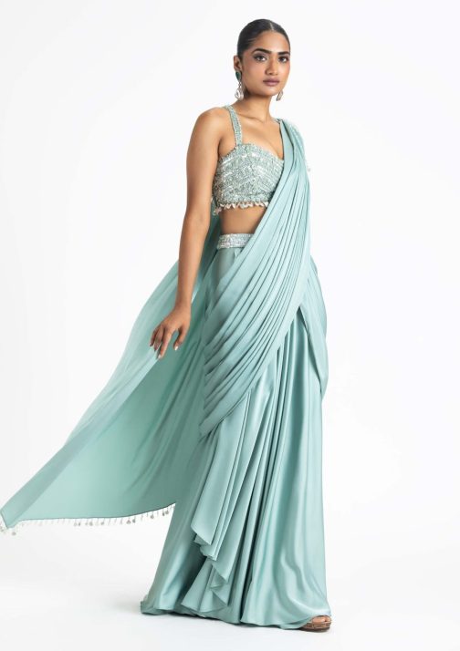 Little Wish - Jade Green Draped Saree Set with a Gracefully Styled Blouse