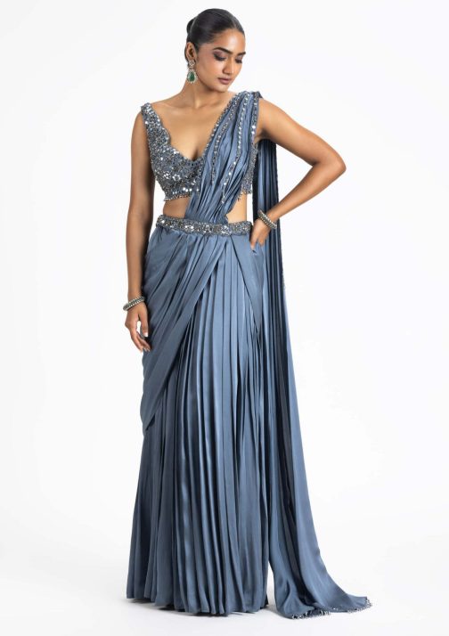 Little Wish - Charcoal Gray Pre-Draped Saree Set with Intricately Designed Blouse