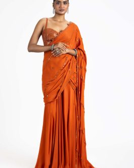 Little Wish - Rust Georgette Draped Saree Set with Classic Blouse Accents