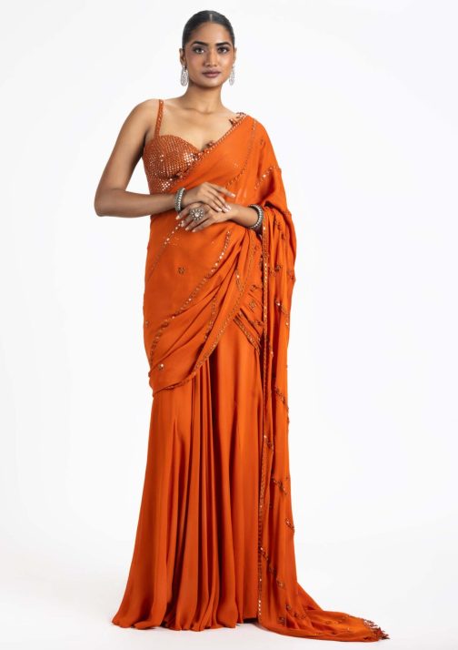 Little Wish - Rust Georgette Draped Saree Set with Classic Blouse Accents