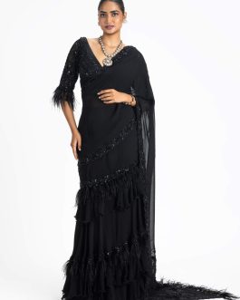 Little Wish - Black Georgette Draped Sari Ensemble with a Chic Blouse for a Timeless Appeal