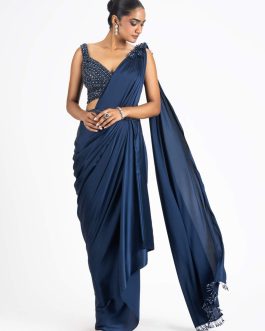 Little Wish - Midnight Blue Draped Sari Set with a Gracefully Crafted Blouse for a Sophisticated Look