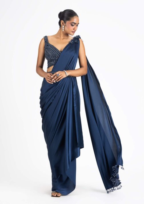Little Wish - Midnight Blue Draped Sari Set with a Gracefully Crafted Blouse for a Sophisticated Look