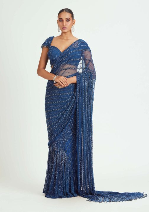 Little Wish - Cobalt Blue Net Draped Sari Ensemble Featuring a Stylishly Coordinated Blouse Design