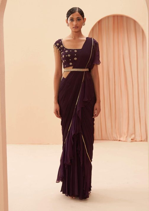 Little Wish - Kusum Green Draped Ruffle Saree and Blouse ? A Vibrant and Flowing Saree with Ruffle Accents