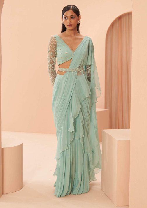 Little Wish - Nancy Ivory Feather Ruffle Saree and Blouse ? A Unique and Luxurious Saree with Feather Details