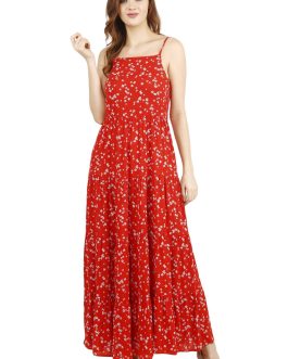 Little Wish - Red Floral Printed Maxi Dress ? Classic Flowy Boho-Inspired Dress