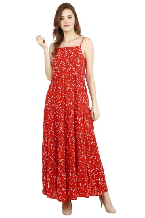 Little Wish - Red Floral Printed Maxi Dress ? Classic Flowy Boho-Inspired Dress