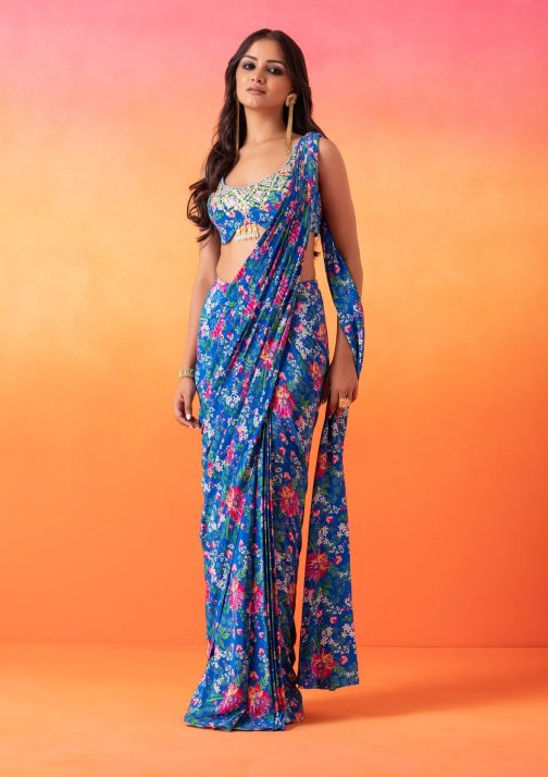 Little Wish - Electric Blue Printed Sari with Coordinated Blouse for a Modern Touch