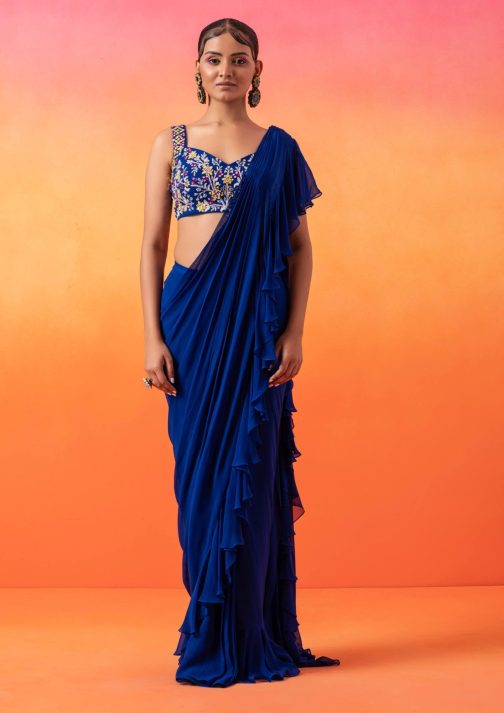 Little Wish - Electric Blue Ruffle Sari with Blouse for a Bold and Unique Style