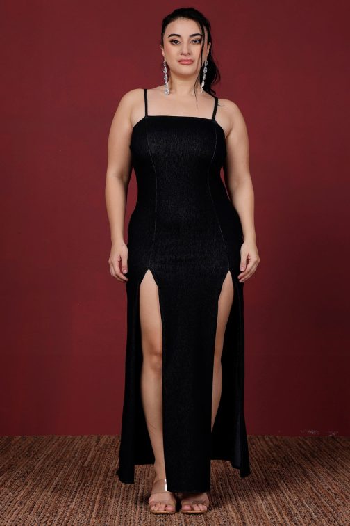 Little Wish - Black Solid Maxi Dress with Front Thigh Slits ? Glamorous Party Wear Dress